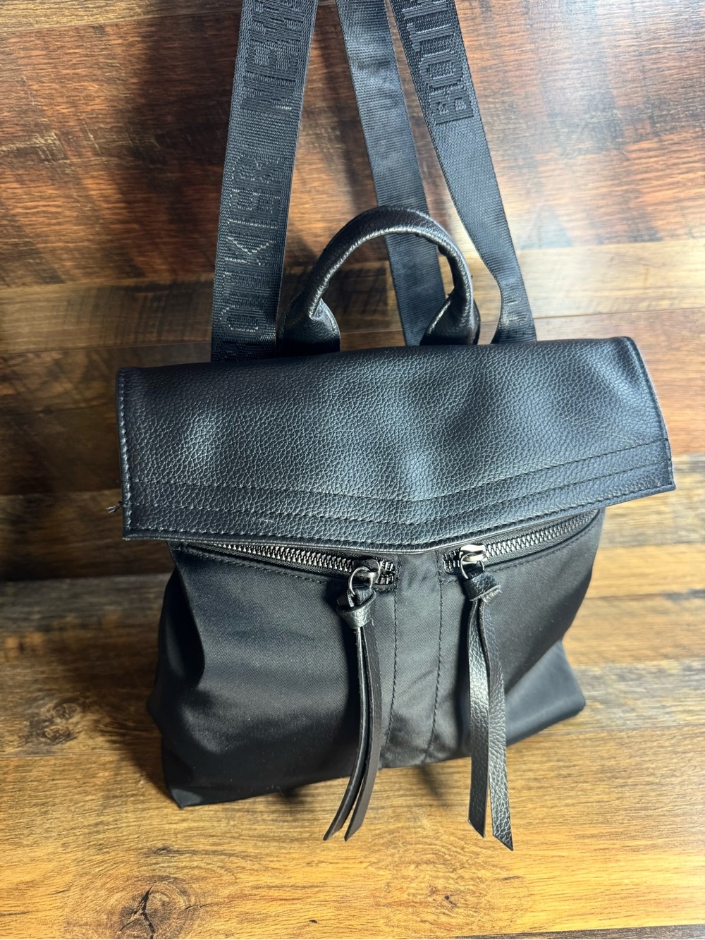Botkier New York Trigger Black Nylon & Leather Flap Backpack Logo Straps